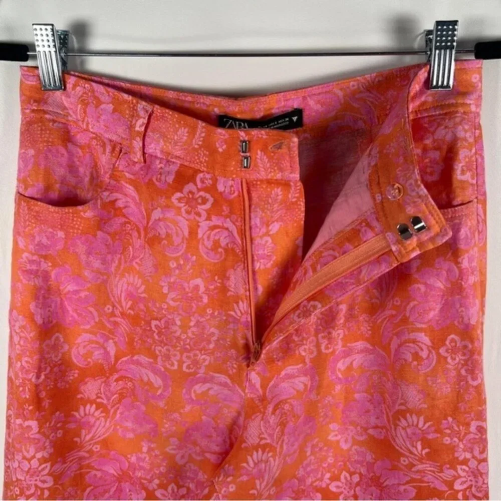NWT ZARA LINEN Blend Trousers‎ High Rise Straight Floral Pants 8042/010 Sz S